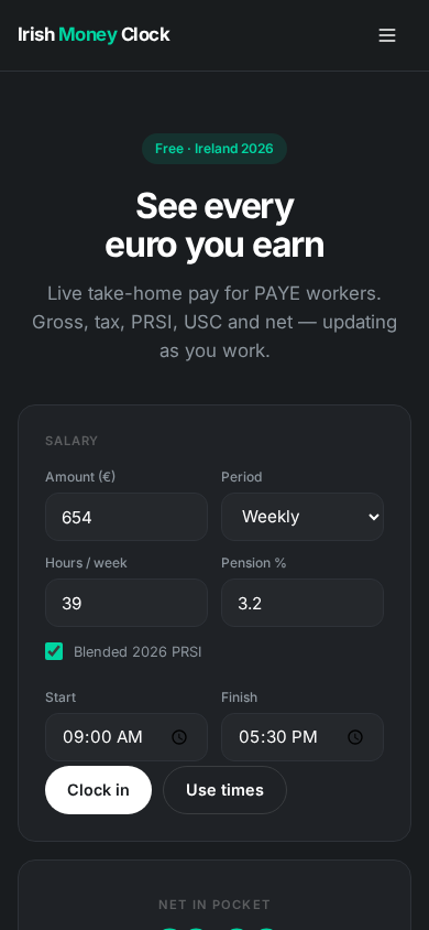 The Irish Money Clock app on a phone, showing the salary inputs and the live net pay figure.